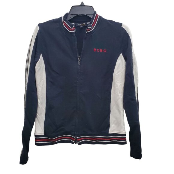 BCBGMaxAzria Women's Y2K Navy White Stripe Embroidered Cropped Tracksuit Sz L - Picture 2 of 12